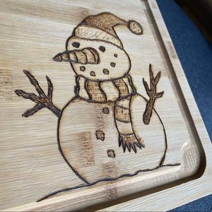 Adorable SNOWMAN  Cutting board charcuterie woodburned in our art studio